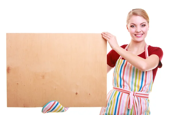 Housewife or barista in kitchen apron holds board empty blank sign isolated — Stock Photo, Image