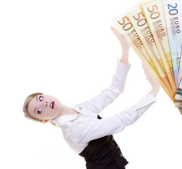 Γυναίκα των επιχειρήσεων πιέζει βρώμικου χρήματος ευρώ μακριά. διαφθορά. — Φωτογραφία Αρχείου