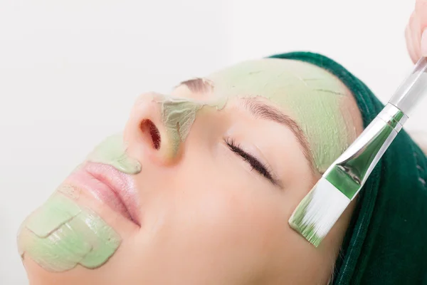 Salón de belleza. Cosmético aplicando mascarilla facial a cara de mujer . —  Fotos de Stock