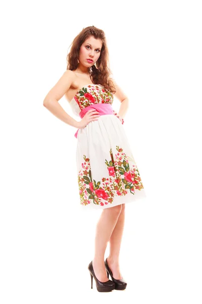 Full length woman girl in summer floral dress isolated. Fashion. — Stock Photo, Image