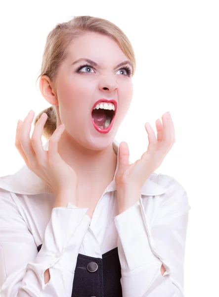 Biznes kobieta krzyczy z szeroko otwartymi ustami. kłopoty w pracy. — Zdjęcie stockowe