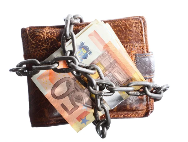 End of personal spending. Wallet euro banknote in chain — Stock Photo, Image