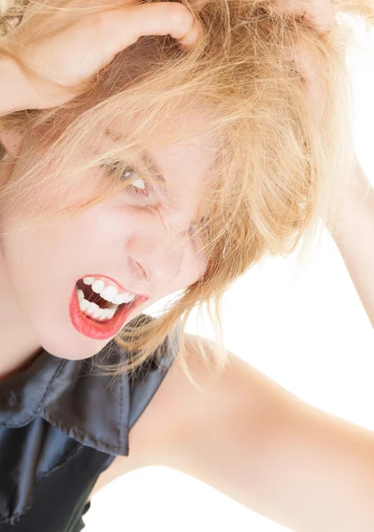 Mulher de negócios confuso irritado gritando com a boca bem aberta. Problemas no trabalho . — Fotografia de Stock