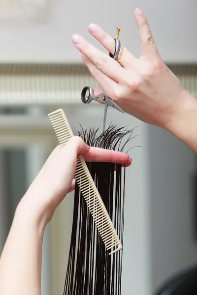 Parrucchiere taglio capelli donna client nel salone di bellezza parrucchiere — Foto Stock