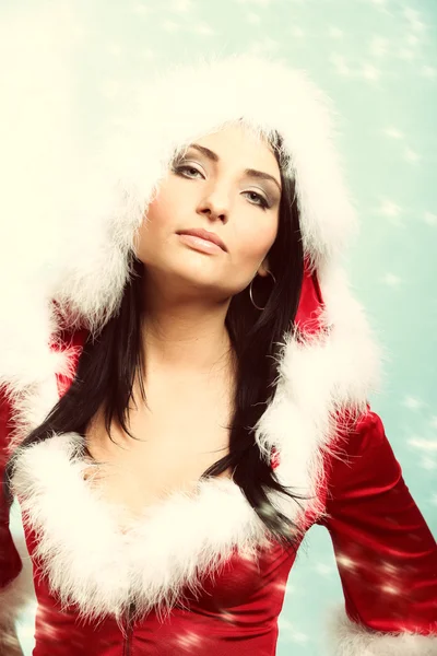 Beautiful sexy girl wearing santa claus clothes winter snow background — Stock Photo, Image