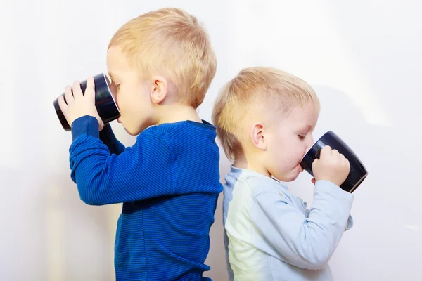 Happy childhood. Two brothers little boys drinking tea — Stock Photo, Image