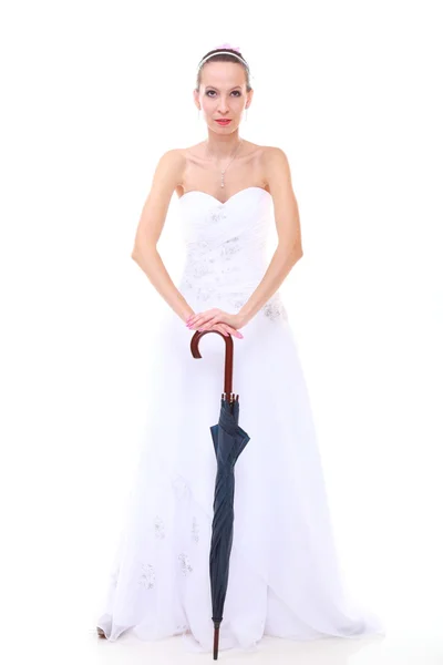 Wedding day. Bride with blue closed umbrella isolated — Stock Photo, Image