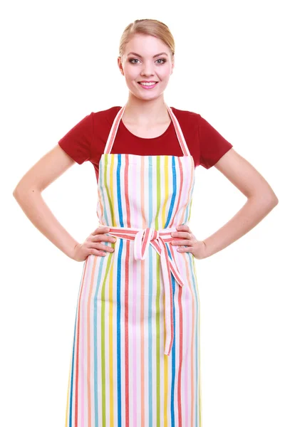 Young housewife or barista wearing kitchen apron isolated — Stock Photo, Image