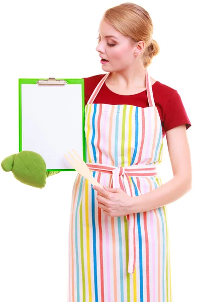 Chef showing clipboard with empty blank for text recommended menu — Stock Photo, Image