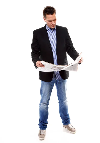 Businessman reading a newspaper isolated — Stock Photo, Image