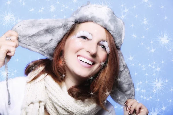Fashion woman warm clothing creative makeup winter background — Stock Photo, Image