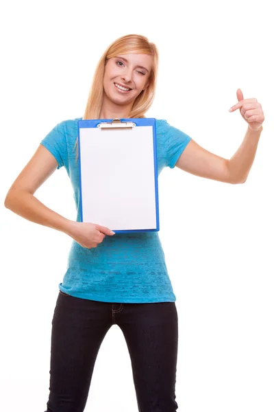 Woman college student girl holds clipboard and points — Stock Photo, Image