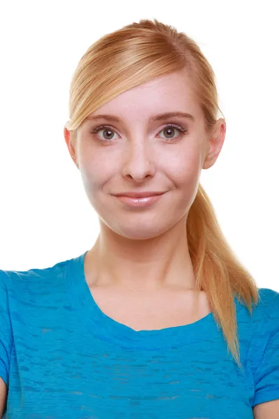 Portrait casual blond smiling girl female student isolated. Education college. — Stock Photo, Image