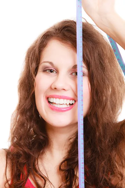 Happy sport fitness woman girl with measure tape isolated. Diet. — Stock Photo, Image