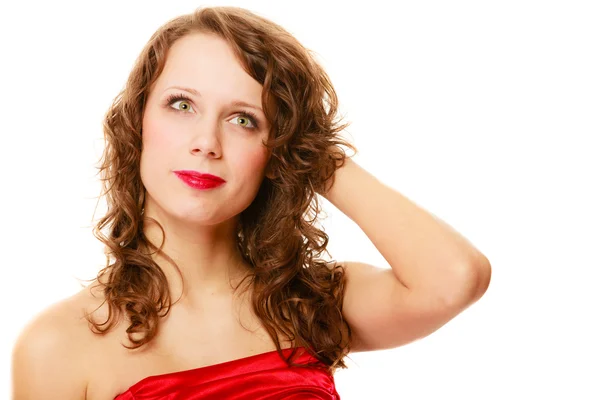 Portrait pretty thoughtful woman curly hair isolated — Stock Photo, Image