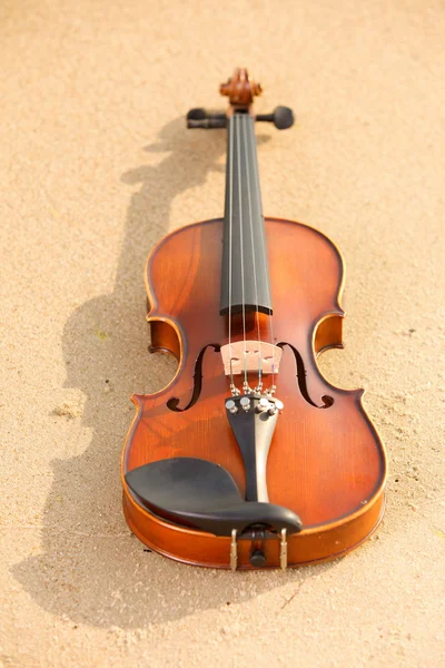 Geige am Sandstrand. Musikkonzept — Stockfoto