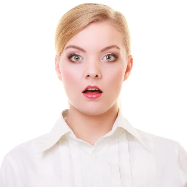 Surprised astonished business woman face over white — Stock Photo, Image