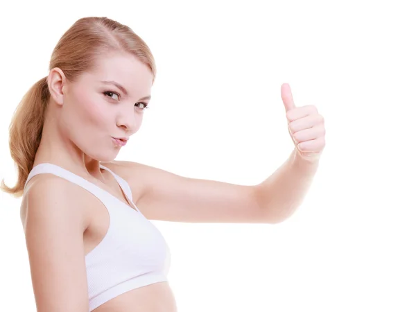 Fit fitness deporte mujer feliz chica pulgar hacia arriba gesto aislado — Foto de Stock