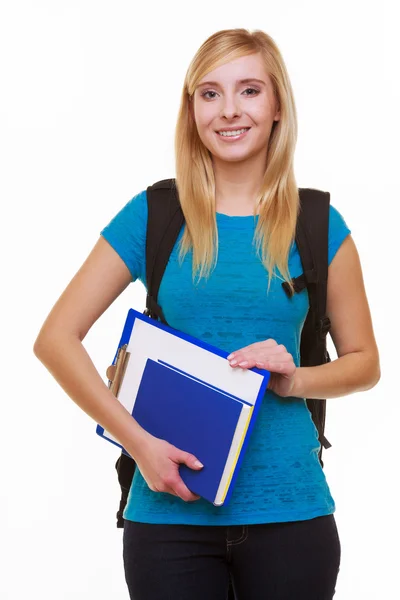 Casual girl female student with bag backpack notebook book isolated — Stock Photo, Image