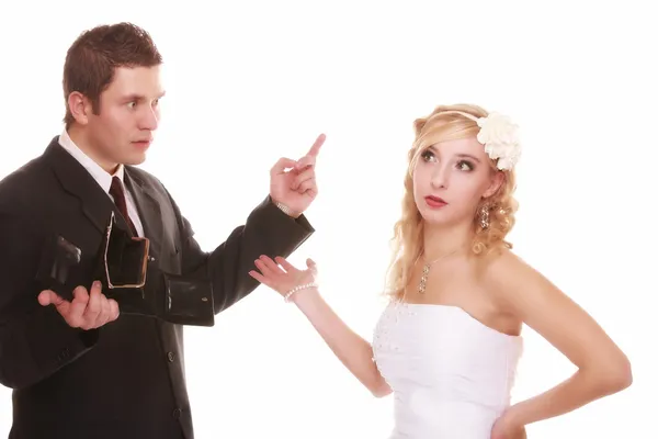 Wedding expense concept. Bride groom with empty purse — Stock Photo, Image