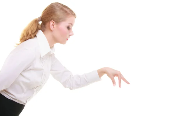 Mujer de negocios eligiendo recoger hacer la decisión aislado — Foto de Stock