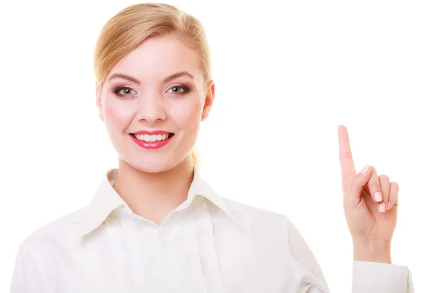 Zakelijke vrouw drukt op knop of wijzen geïsoleerd — Stockfoto