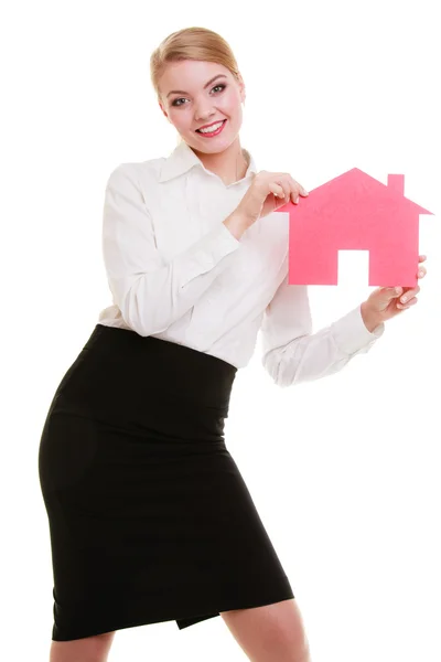 Business woman real estate agent holding red paper house — Stock Photo, Image