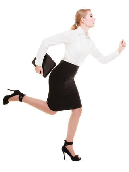 Concepto de negocio. Mujer corriendo en cuerpo completo aislado — Foto de Stock