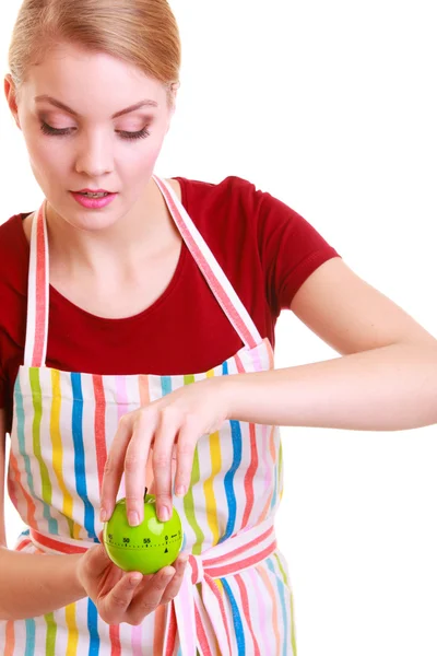 Housewife or chef in kitchen apron using apple timer isolated — Stock Photo, Image