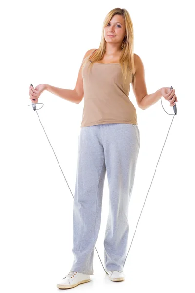 Sport girl fitness woman doing exercise with skip jump rope isolated — Stock Photo, Image