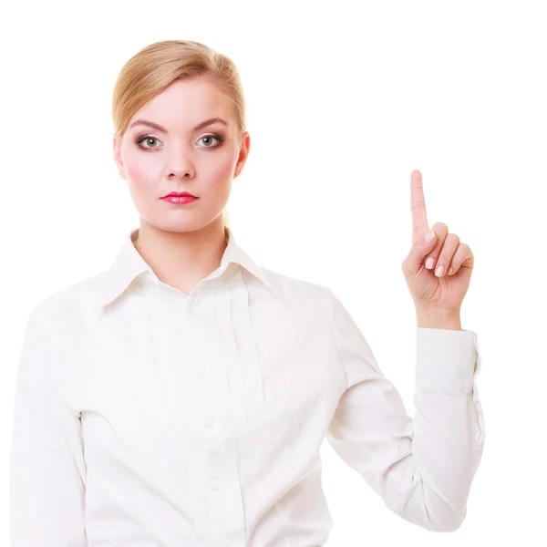 Affärskvinna trycker på knappen eller pekar isolerat — Stockfoto