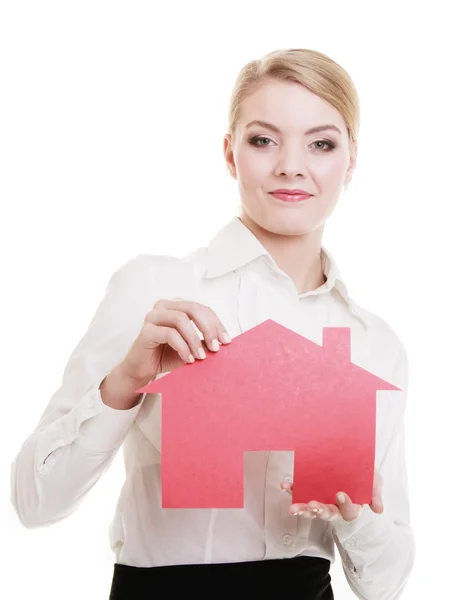 Business woman real estate agent holding red paper house — Stock Photo, Image