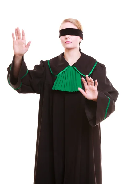 Lawyer attorney in classic polish gown covering eyes with blindfold — Stock Photo, Image