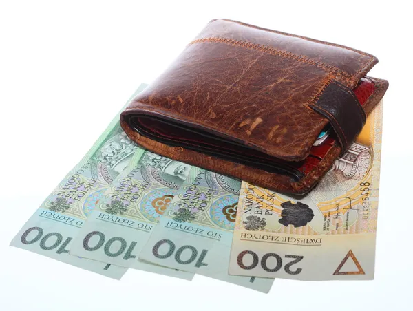 Economy and finance. Wallet with polish banknote isolated — Stock Photo, Image