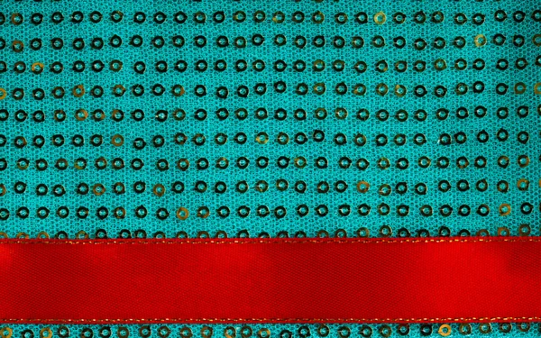 Groene sequine achtergrond textuur abstracte doek textiel- en rood lint — Stockfoto