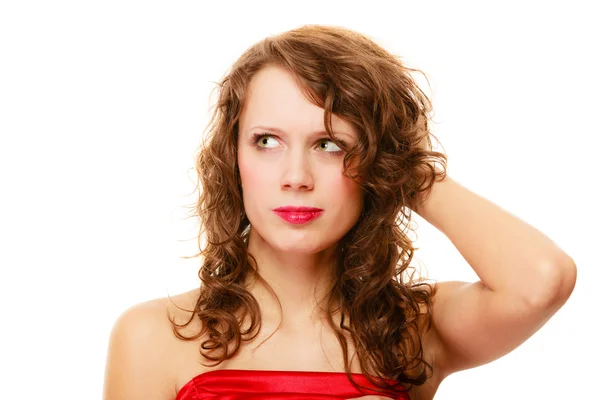 Portrait pretty thoughtful woman curly hair isolated — Stock Photo, Image
