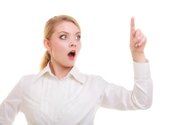 Business woman pressing button or pointing surprised face expression isolated — Stock Photo, Image