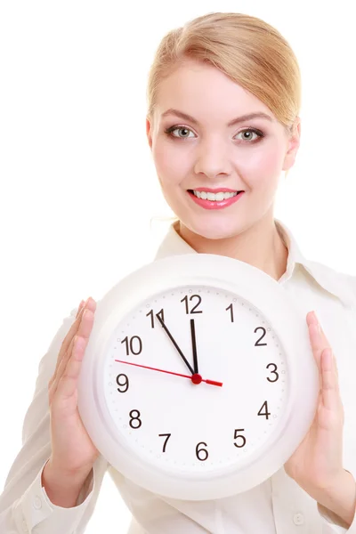 Portrait businesswoman showing clock. Time for woman in business — Stock Photo, Image