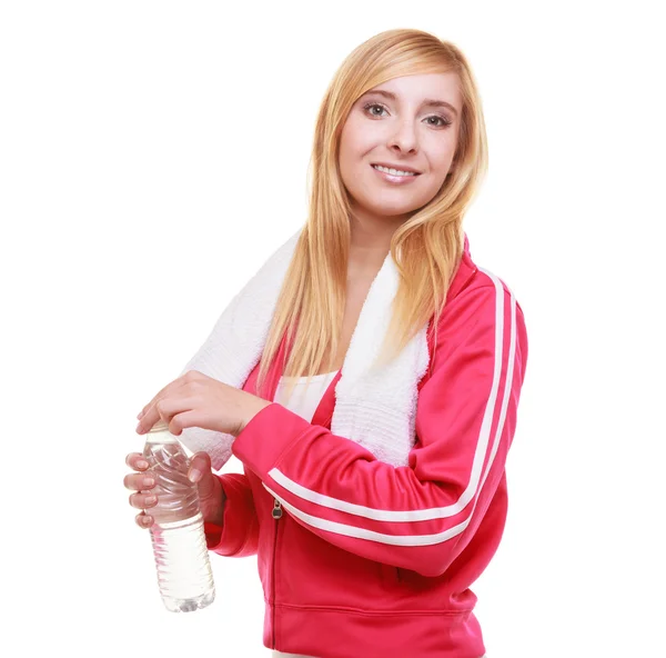 Fitness Frau Sportmädchen mit Handtuch und Wasserflasche isoliert — Stockfoto