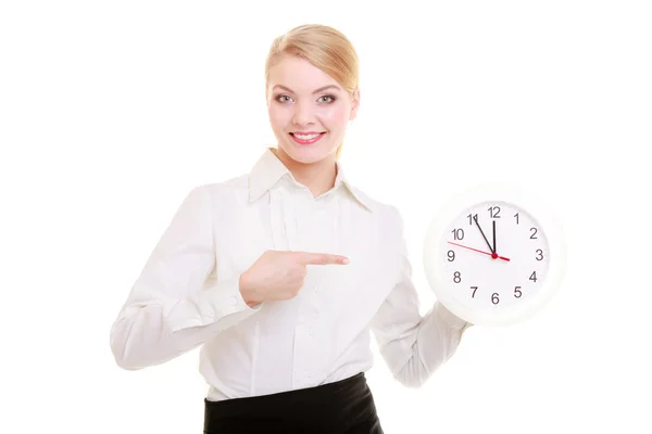 Portrait businesswoman showing clock. Time for woman in business Royalty Free Stock Photos