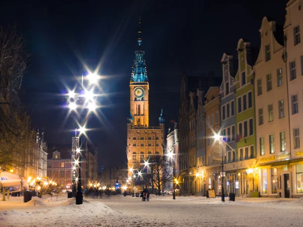 Ratusz Stare Miasto Gdańsk Polska Europa. Zimowa sceneria nocy. — Zdjęcie stockowe
