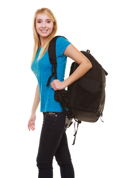 Portrait casual blond smiling girl female student with bag backpack isolated — Stock Photo, Image