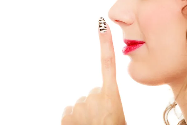 Profile part of face woman with silence sign gesture isolated — Stock Photo, Image