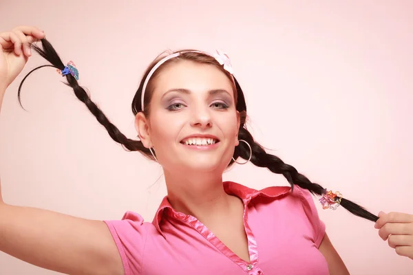 Childish woman infantile girl with pigtail. Longing for childhood. — Stock Photo, Image