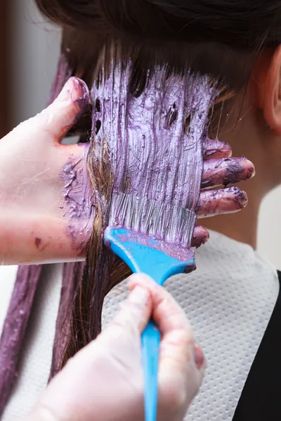 hairdresser applying color female customer at salon, doing hair dye