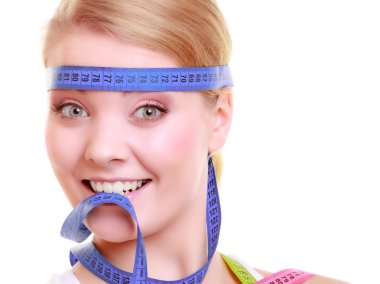 Obsessed girl with violet measure tapes around her head clipart
