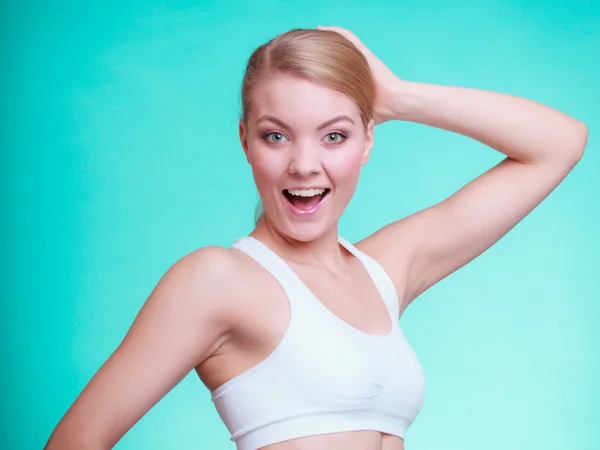 Portret van de jonge, sportieve vrouw passen fitness blond meisje — Stockfoto