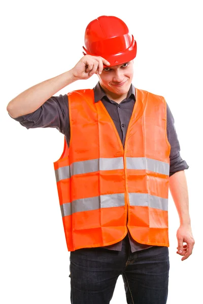 Arbeiter in Warnweste und Hut. Sicherheit am Arbeitsplatz. — Stockfoto