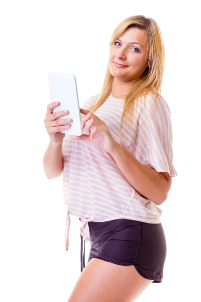Woman girl using tablet touchpad reading e-book e-reader isolated — Stock Photo, Image