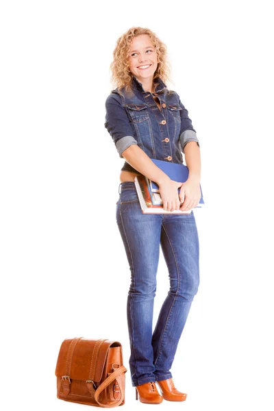 Moda vaquera. Chica estudiante de longitud completa en azul jeans bolsa libros —  Fotos de Stock